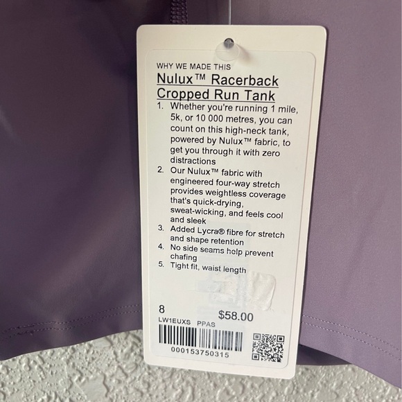 NWT lululemon Nulux Racerback crop run tank purple ash sz 8 - Picture 3 of 6